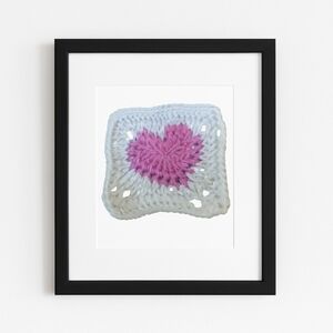 Hand Crafted Framed Crochet Heart Art in Pink and White Made-to-order Fiber Art